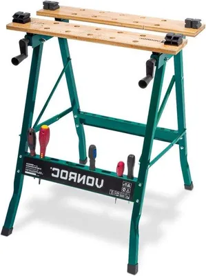 Immagine prodotto di Banco da lavoro pieghevole - Banco da lavoro con piano in bambù - Struttura in metallo - Antiscivolo - Capacità di carico fino a 150 kg con coperchio