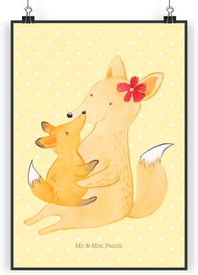 Produktbild von Mr. & Mrs. Panda Bild Fuchs Mama DIN A4 - Gelb Pastell - Geschenk, Posterdruck, Muttertag, wanddeko, Mutter, Wandbild, Umarmen, drucke, Plakat, Schoß