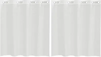 Two white voile curtains hanging side-by-side against a white background.