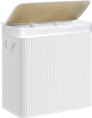 A white bamboo laundry basket with a lid is shown from a slightly angled front view.