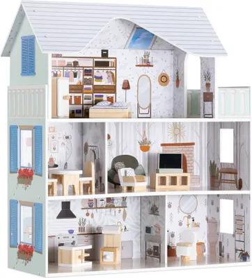 Produktbild von Navaris Puppenhaus aus Holz - inkl. 11x Möbel 4X Zubehör - Puppenhaus ab 3 Jahre - Spielzeug Puppenstube 3 Etagen - 69,5 x 62 x 27 cm - Mädchen und