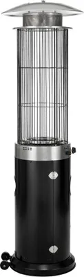 A black and silver patio heater on a white background.