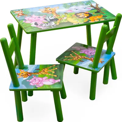 A children's table and chair set with jungle animal graphics.