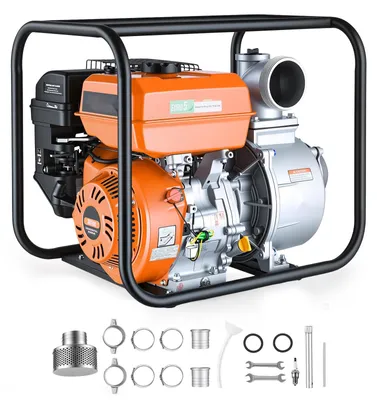 Produktbild von Benzin-Wasserpumpe - Schmutzwasserpumpe 10 cm - 1600 l/min Förderleistung - 8,3 PS Motor - Tragbar mit 7,6 m Förderschlauch - Gusseisen-Laufrad für Bewässerung