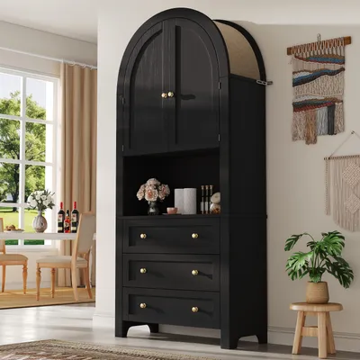 Produktbild von Flieks Hochschrank mit gewölbter Oberseite, Highboard mit Leinenbezug, Küchenschrank im Retro-Stil, Schrank für Wohnzimmer Flur, schwarz