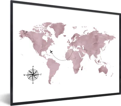 Produktbild von MuchoWow® Gerahmtes Poster Weltkarte - Rosa - Flugzeug 40x30 cm - Poster mit Schwarzem Bilderrahmen Wandposter Rahmen Foto Bilder - Kunstposter - Wanddekorationen