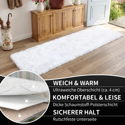 Imagen del producto de Alfombra de pelo alto para sala de estar, diseño moderno y suave (80 x 150 cm, blanco puro)