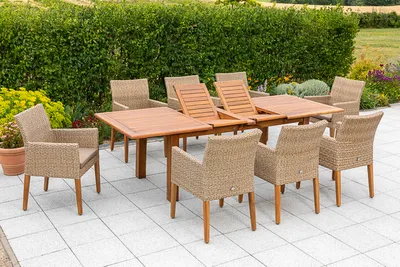 Produktbild von Merxx Gartenmöbelset " Ranzano" 9tlg. - Aluminiumgestell mit Kunststoffgeflecht schilf/natur und Akazie, inkl. Kissen - 50446-259