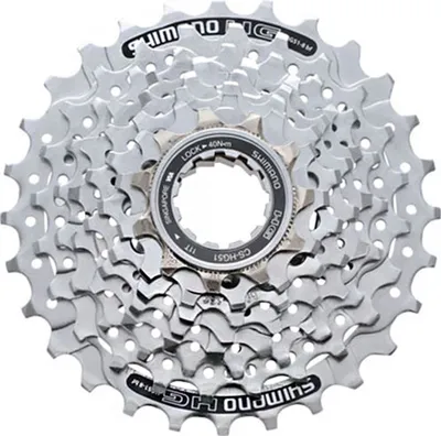 A close-up studio shot of a bicycle cassette.