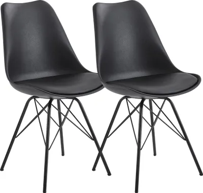 Productafbeelding van Eetkamerstoel, set van 2, zwart, keukenstoel, kunststof, Scandinavisch design, schaalstoel met kunstlederen bekleding, gestoffeerde stoel
