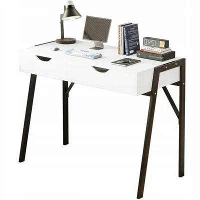 A white desk with black legs, featuring two drawers, a keyboard, a tablet, books, and a desk lamp.