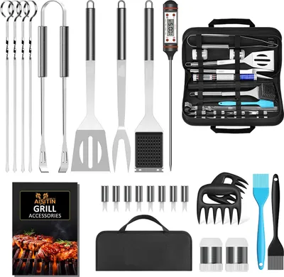 Produktbild von Grillbesteck, Grill Zubehör, 25-teiliges Zubehör-Set, Professionelles Set, Edelstahl, Geschenke für Herren, mit Koffer für Grillrost, Premium