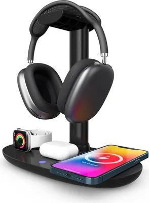 Produktbild von Kopfhörerständer mit kabellosem Ladegerät, 4-in-1-Ladestation und Headset-Halterung für Schreibtisch und Tisch, Aufbewahrung für Spielekonsolen
