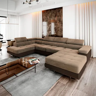 Produktbild von Masseno Ecksofa CASONE L-Form mit Schlaf- und naufbewahrung, U-Form, Schlafsofa, Ecksofa - Beige, MONOLITH 09 + MONOLITH 29