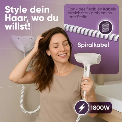 Immagine prodotto di Asciugacapelli compatto ProfiCare con supporto a parete | asciugacapelli con cavo a spirale extra-lungo | 1800 watt con Cool Shot | asciugacapelli con 2 impostazioni di potenza | materiale di montaggio incluso | PC-HT 3044