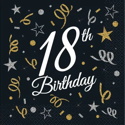 Zdjęcie produktu dla Serwetki urodzinowe 18th Birthday czarne, 33 cm 20 sztuk