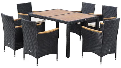 Produktbild von 7-teilig Rattan Sitzgruppe Gartenmöbel-Set Lounge-Set für 6 Personen mit Akazienholz Esstisch und 6 Sesseln wetterfest Schwarz Beige