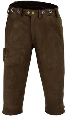 Vorderansicht der Herren-Kniebund-Jagdhose in Dunkelbraun. Mit Gürtelschlaufen, Seitentaschen, Messertasche, 100 % Leder, Polyesterfutter und verstellbaren Knieschnallen für eine optimale Passform.