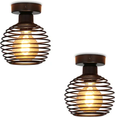 Two identical black ceiling lights with a retro design, each featuring a spiral metal cage and a visible Edison-style bulb.