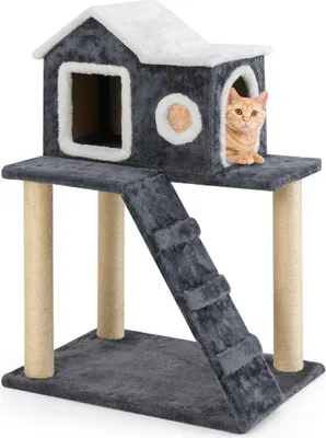 Image de Arbre à chat de 90 cm de haut avec grande grotte, échelle et poteaux en sisal, arbre à chat gris