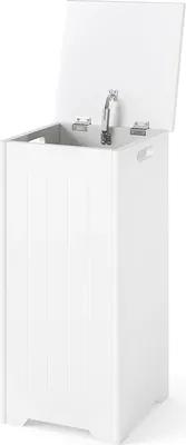 Image de Panier à linge en bois - Armoire à linge indépendante - Avec couvercle - Sac à linge amovible - Espace de rangement - Blanc