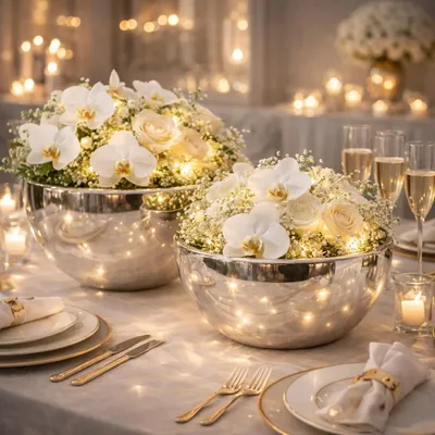 Produktbild von 2er-Set Dekoschalen Wonder Silber Keramikschale Dekovase Vase Hochzeitsdeko Übertöpfe Blumentopf Blumenvase Pflanzgefäße Pflanztopf Tisch Blume Deko