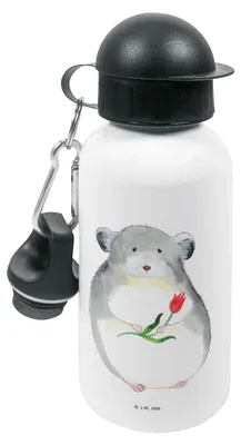 Produktbild von Mr. & Mrs. Panda Wasserflasche Chinchilla Blume - Weiß - Geschenk, Sportflasche, Trinkflasche, Lustige Sprüche, Getränkeflasche, Kinder, Chaos, Büro, Chinchillas