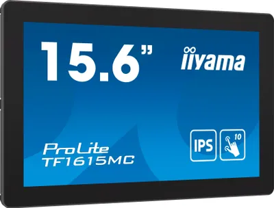 A marketing image of a touchscreen monitor displaying its specifications.