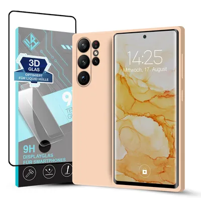 Produktbild von Hülle für Samsung Galaxy S23 Ultra mit 9H Displayglas Displayschutz Case Cover Bumper Smartphone Softgrip Schutzhülle Farbe: Rosa