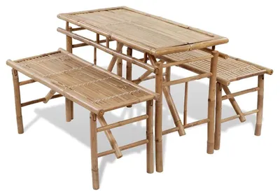 Imagen del producto de Juego de jardín de bambú - 100 cm - Mesa para cervezas con 2 bancos - Resistente a la intemperie, plegable - Juego de mesa para picnic - Ideal para balcones y terrazas