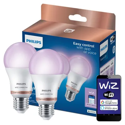 Zdjęcie produktu dla 2x Żarówka LED E27 A60 8.5W = 60W 806lm 2200-6500K RGB + TW Inteligentna SMART WiFi Bluetooth Aplikacja WiZ Philips