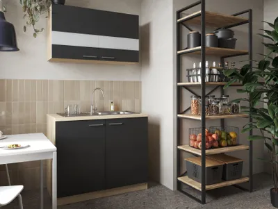 Produktbild von Spülenunterschrank Oberschrank Küche 100 cm Eiche Sägerau Schwarz Merle Respekta