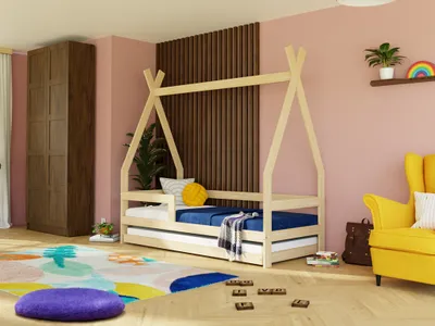 Produktbild von Kinderholzbett SAFE 5-in-1 in Tipi-Form mit Barriere und Ausziehbett 90x200 cm Dunkelgrau, Mit zwei Barrieren