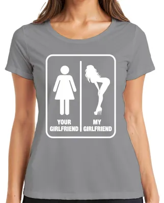 Productafbeelding van "Jouw vriendin, mijn vriendin. Grappig, y, sarcastisch dames T-shirt, grijs, maat M."
