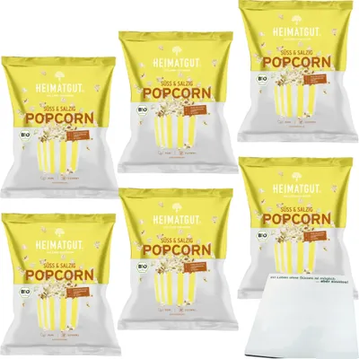 Produktbild von Heimatgut Popcorn Süß-Salzig 6er Pack (6x90g Beutel) + usy Block
