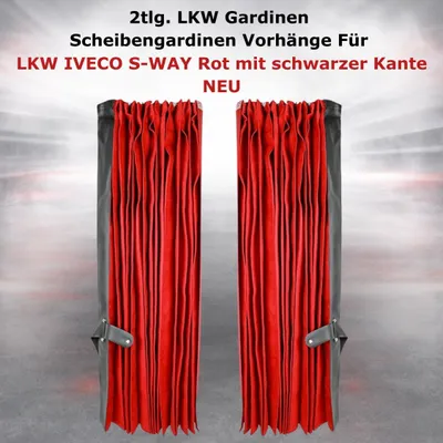 Zdjęcie produktu dla 2 sztuki zasłon do ciężarówek, zasłony okienne, firanki do ciężarówek IVECO S-WAY, czerwone z czarną obwódką, nowe