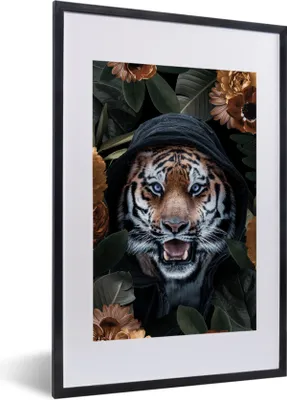Produktbild von MuchoWow® MuchoWow® Gerahmtes Poster Tiger - Blumen - Orange 40x60 cm - Poster mit zchwarzem Bilderrahmen - Poster in Rahmen