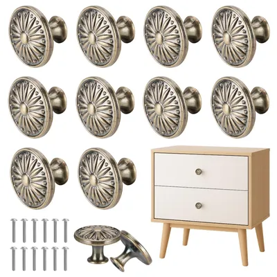 Image de 12 boutons de meuble vintage avec vis, boutons ronds de 30 mm à motif floral, poignées de meuble anciennes, poignées de porte pour tiroirs, armoires et commodes, bronze