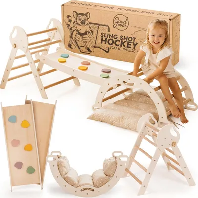 Image de kit d'escalade Montessori 5 en 1 : triangle d'escalade intérieur, arche d'escalade avec coussins, et toboggan pour enfants, aire de jeux intérieure 1-3 ans