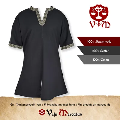 Produktbild von Klassische Wikinger Tunika schwarz "Arvid" mit Knotenmuster, kurzarm XXXL