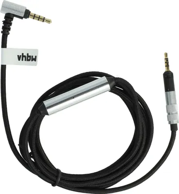 A black audio AUX cable with silver connectors and a silver inline control module, laid out on a white background.