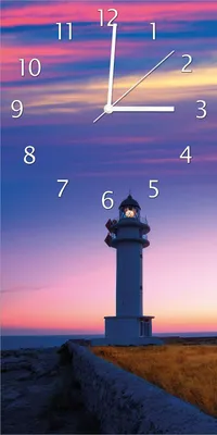 Produktbild von Wallario Design Wanduhr Leuchtturm am Abend auf den Balearen Malerischer Himmel aus Echtglas, Größe 30 x 60 cm