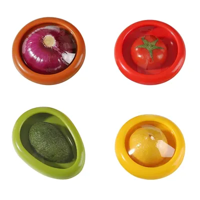Four different fruits and vegetables are shown in individual colorful containers.