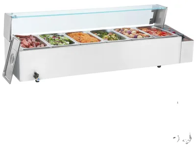 Immagine prodotto di Scaldavivande commerciale VEVOR con 6 contenitori (5 Qt / 1/3 di grandezza ciascuno), tavolo elettrico a vapore con copertura in vetro, piano di lavoro in acciaio inox da 1500 W, buffet a bagnomaria, controllo della temperatura da 30 a 85 °C