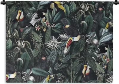 Produktbild von MuchoWow® Wandteppich Wandbehang Blumen - Tukan - Blätter 150x112.50 cm Tapisserie Dekoration Wandtuch - Wanddecke - Wandteppiche
