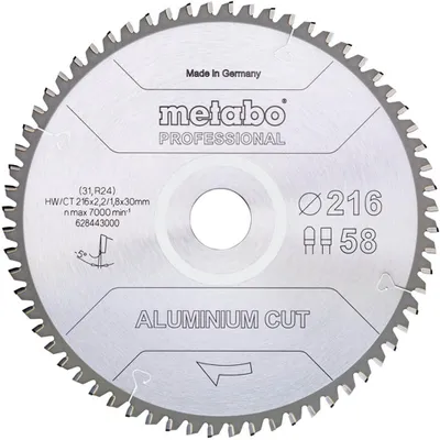 Zdjęcie produktu dla Metabo ALUMINIUM CUT PROFESSIONAL 628443000 Piła tarczowa 216 x 30 x 1,8 mm Liczba zębów: 58 1 szt
