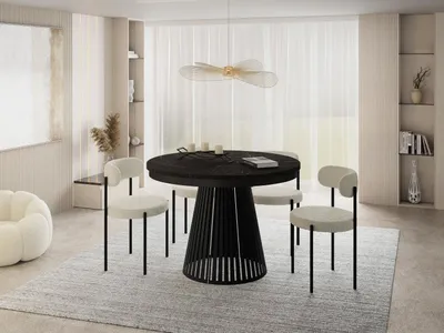 Produktbild von Esstisch Rund Ausziehbar mit Lamellen im Loft-Stil – 120 bis 200 cm – Industrieller Tisch mit Schwarzen Metallbeinen, Platzsparend für Wohnzimmer oder Esszimmer – Marmor Schwarz