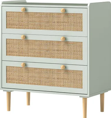 Produktbild von Schlafzimmer-Kommode mit 3 Schubladen, Rattan-Fronten, Kleiderkommode für Flur, Eingangsbereich, MDF, Grün