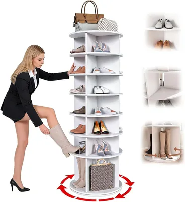 Produktbild von 7-stöckiger drehender Schuhständer, freistehender 360°-drehbarer Schuhorganizer, Schuhregal-Turm mit hohem Boden, für die Aufbewahrung, passt für 28 Paar Schuhe (7-stöckig, weiß)