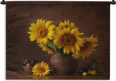 Produktbild von MuchoWow® Wandteppich Wandbehang Sonnenblumen - Vase - Stilleben 150x112 cm Tapisserie Dekoration Wandtuch - Wanddecke - Wandteppiche